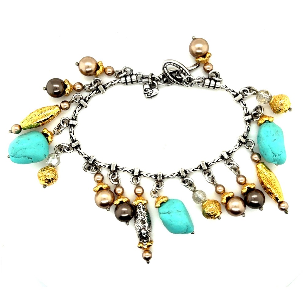 Brighton Turquoise Pearl Mixed Metal Charm Bracelet Silver Gold Tone 7.25"‎
